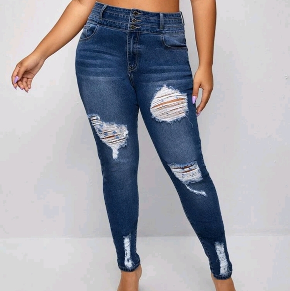 SHEIN Denim - Shein 1X Blue Stretch Distressed Jeans